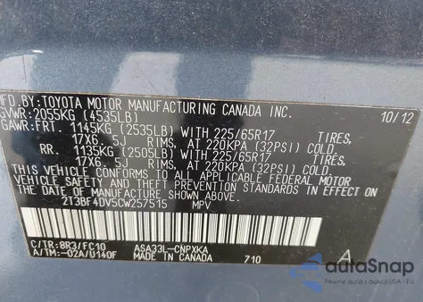 2012 Toyota Rav4 z USA, uszkodzony, nr VIN 2T3BF4DV5CW257515